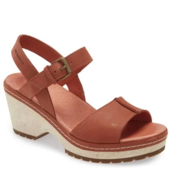 Merrell Halendi Platform Wedge Sandals Comfort Redwood Leather Size 8 Women's - Picture 1 of 10